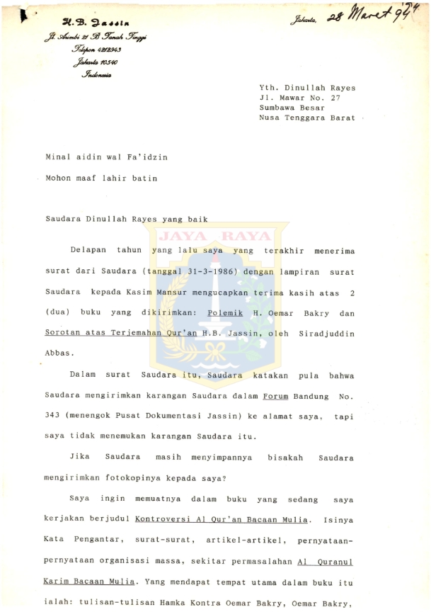 Surat H.B. Jassin kepada Dinullah Rayes (28 Maret 1994)