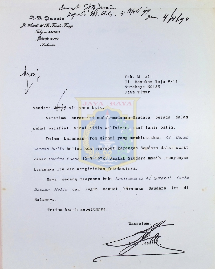 Surat H.B. Jassin kepada M. Ali (4 April 1994)
