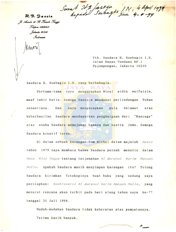 Surat H.B. Jassin kepada H. Soebagio I.N. (4 April 1994)