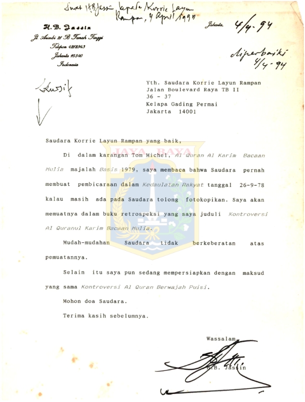 Surat H.B. Jassin kepada Korrie Layyun Rampan (4 April 1994)