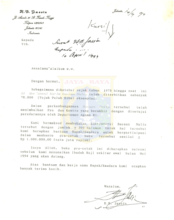 Surat yang dibuat H.B. Jassin pada tanggal 14 April 1994