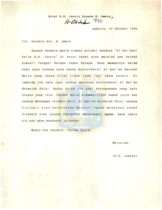 Surat H.B. Jassin kepada H. Amura (15 Oktober 1994)