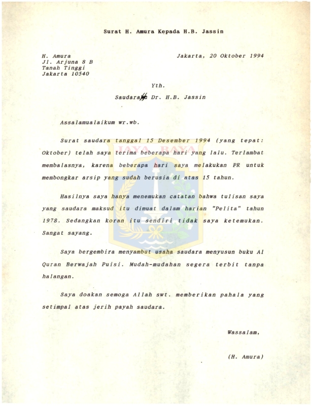 Surat H. Amura kepada H.B. Jassin (20 Oktober 1994)