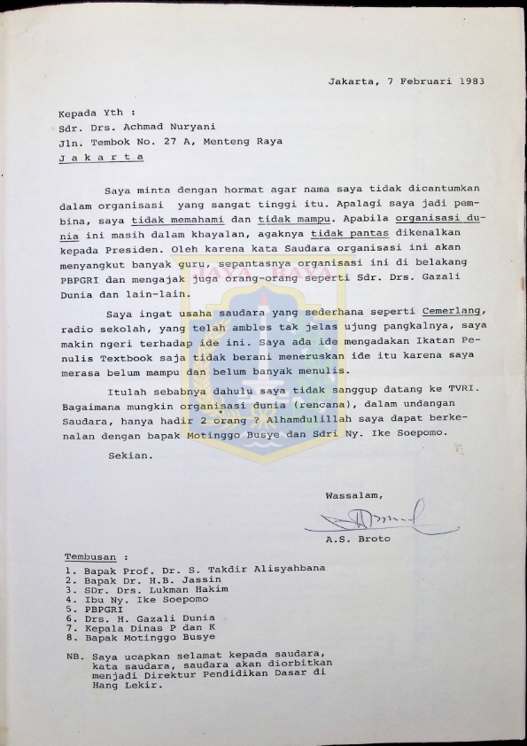 Surat dari A. S. Broto untuk Achmad Nuryani (7 Februari 1983)