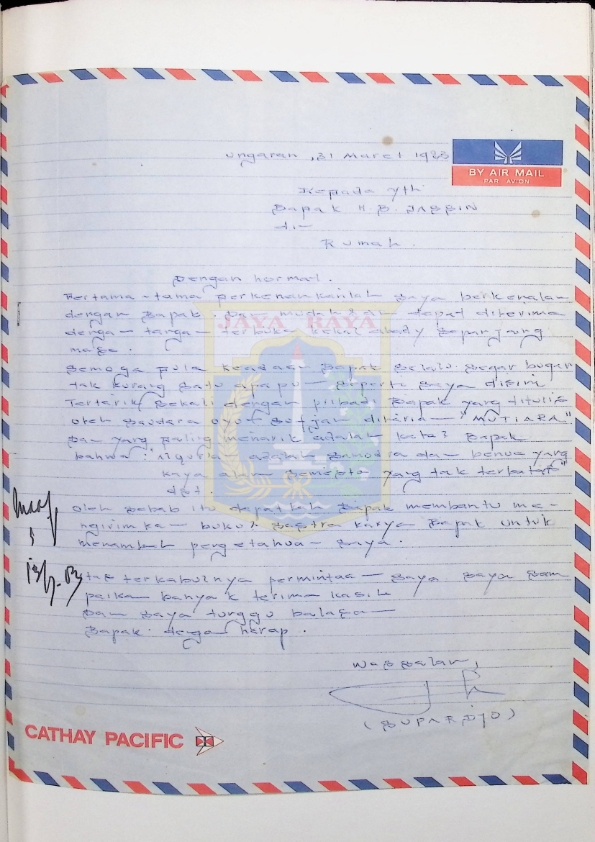 Surat dari Supardjo untuk H. B. Jassin (31 Maret 1983)