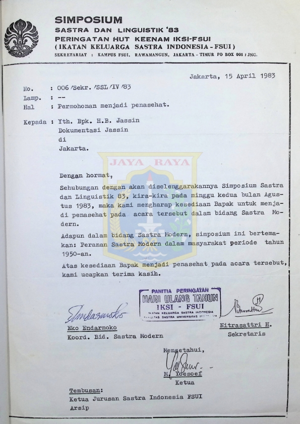 Surat dari Yoesoef untuk H.B. Jassin (15 April 1983)