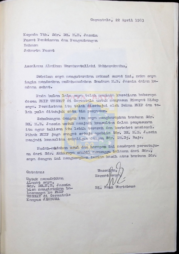 Surat dari Nani Wartabone untuk H.B. Jasin (22 April 1983)