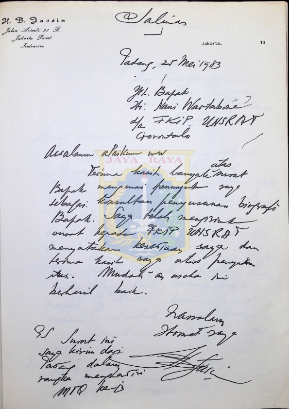 Surat dari H.B. Jassin untuk Nani Watabone (25 Mei 1983)