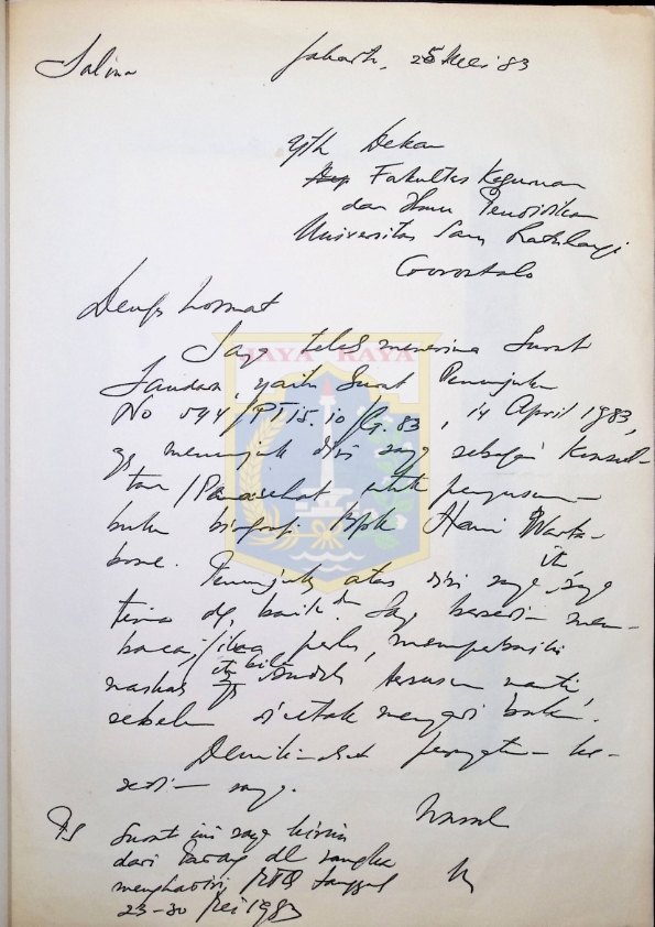 Surat dari H.B. Jassin untuk Dekan Keguruan dan Ilmu Pendidikan Universitas Sam Ratulangi (25 Mei 1983)