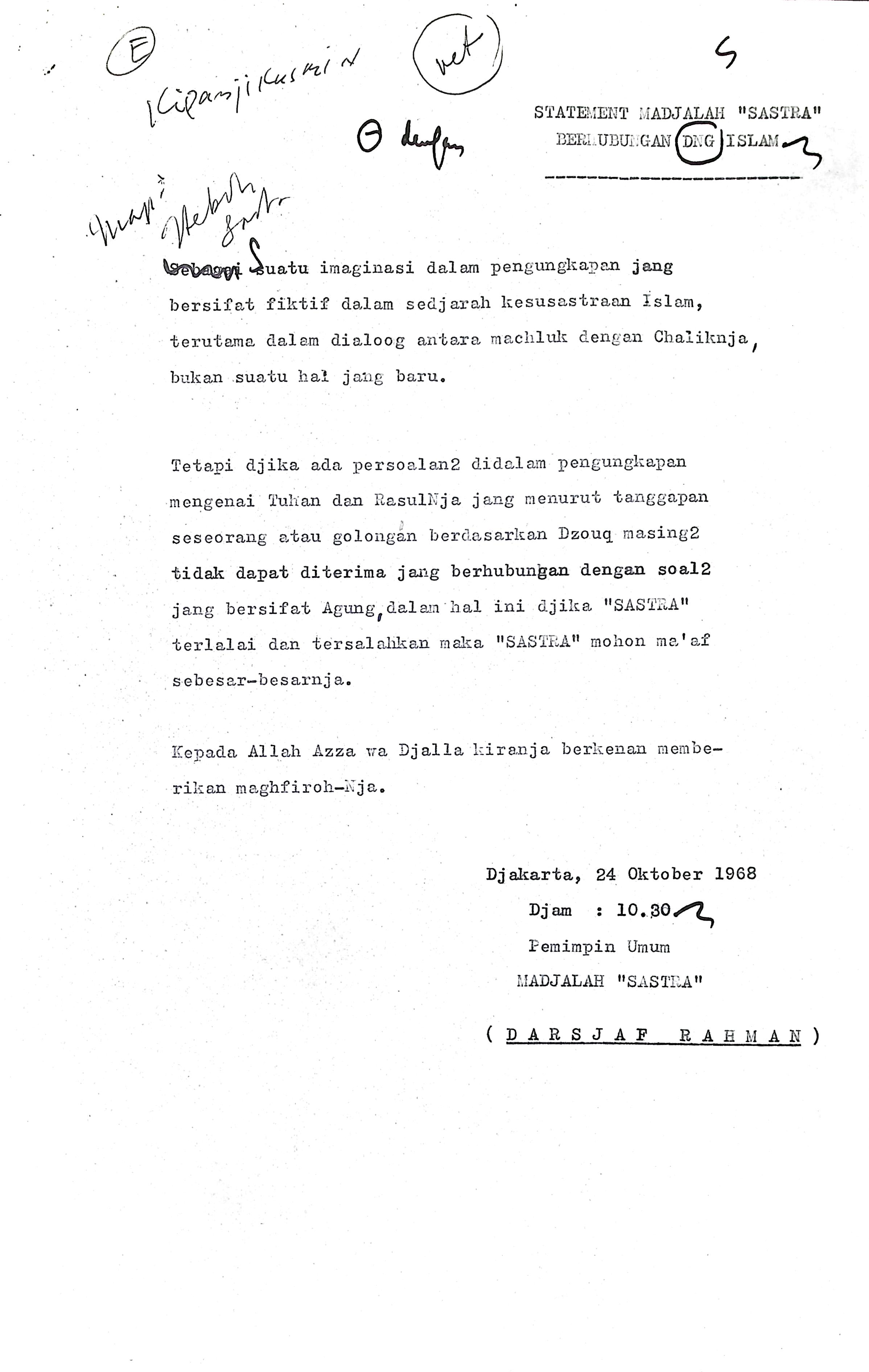 Statement Majalah Sastra berhubungan dengan Islam