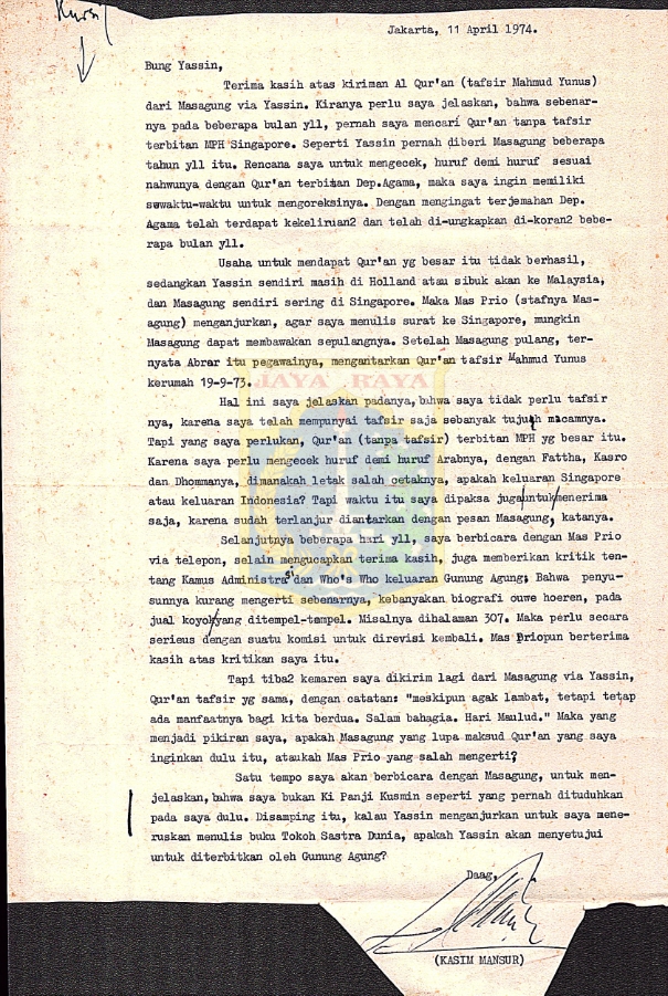 Surat Kasim Mansur kepada H.B. Jassin (11 April 1974)