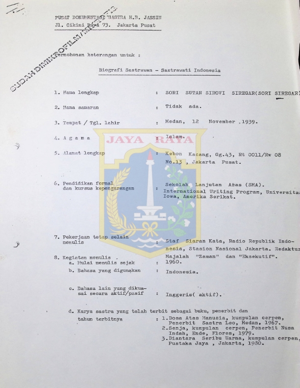 Permohonan Keterangan Biografi Sastrawan - Sastrawati Indonesia