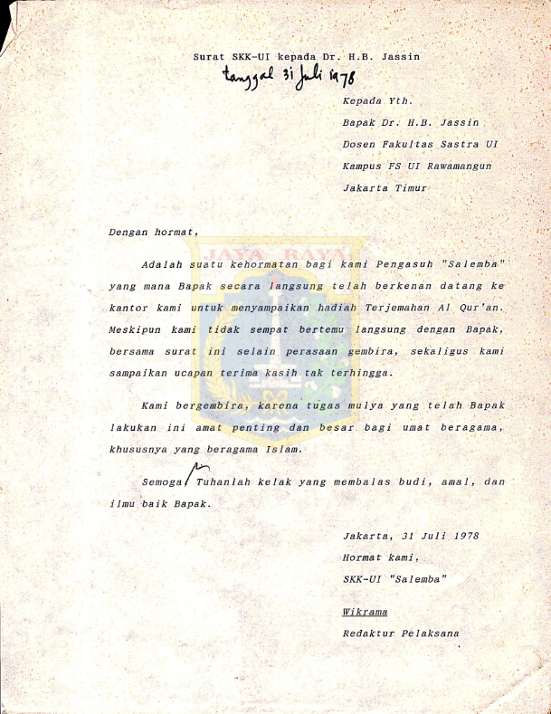 Surat SKK-UI kepada H.B. Jassin (31 Juli 1978)