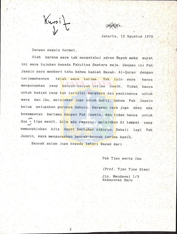 Surat Tjan Tjoe Siem kepada H.B. Jassin (12 Agustus 1978)