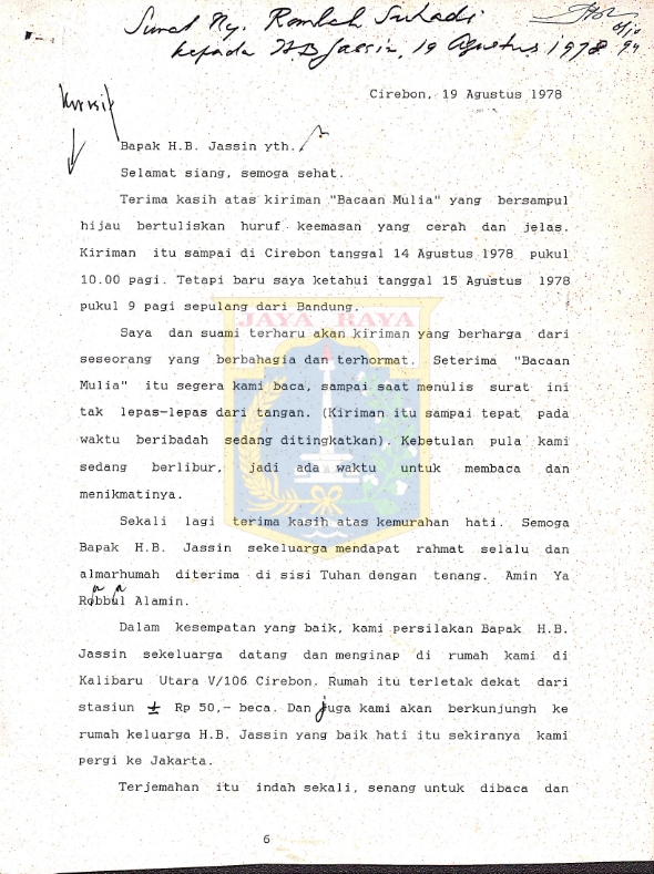 Surat Ny. Romlah Suhadi kepada H.B. Jassin (19 Agustus 1978)
