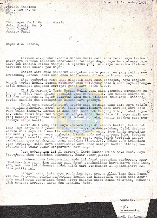Surat Permadi Tandiono kepada H.B. Jassin (2 September 1978)