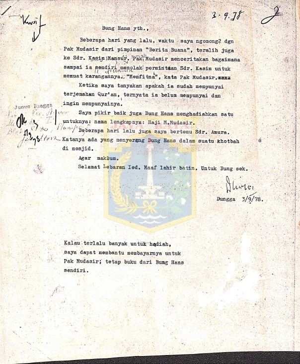 Surat Dungga kepada H.B. Jassin (3 September 1978)
