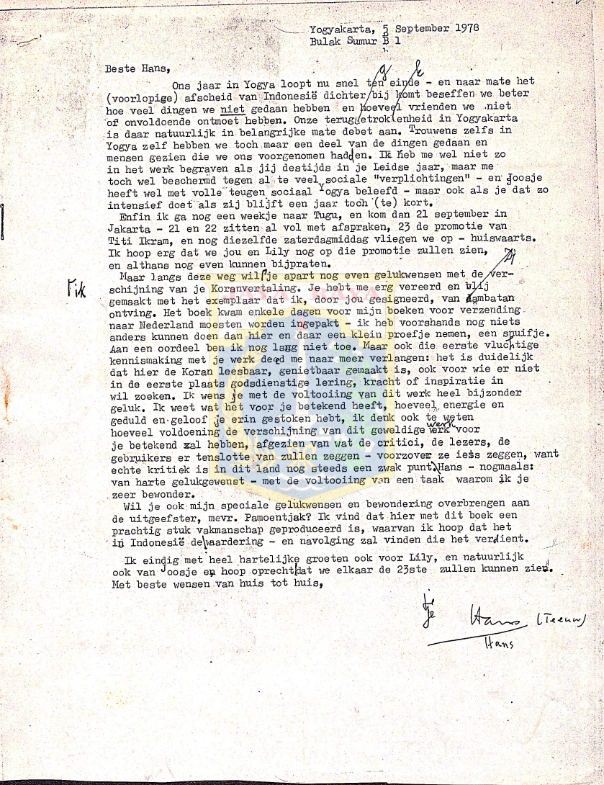 Surat Teeuw kepada H.B. Jassin (3 September 1978)