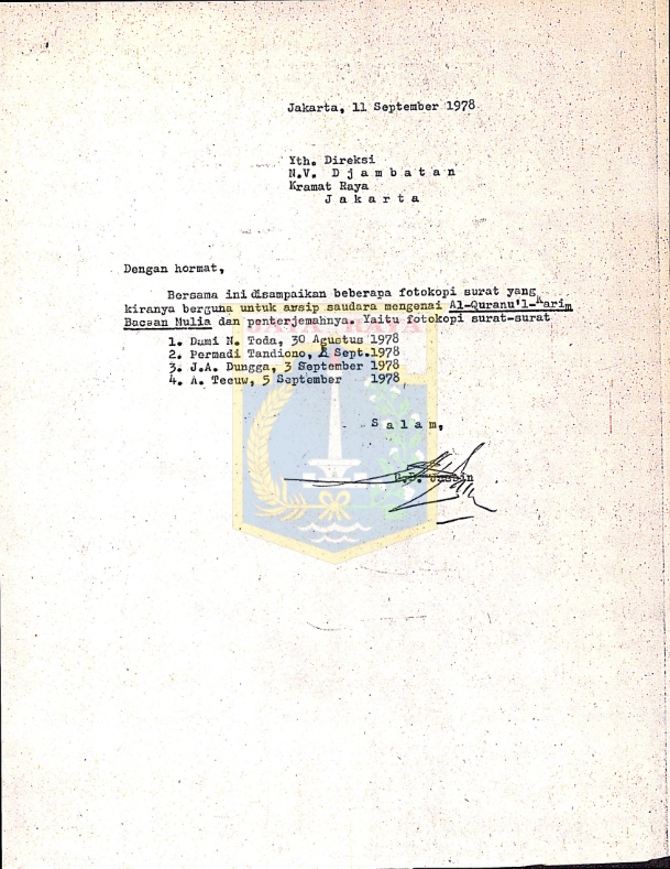 Surat H.B. Jassin kepada Direksi N.V. Djambatan (11 September 1978)