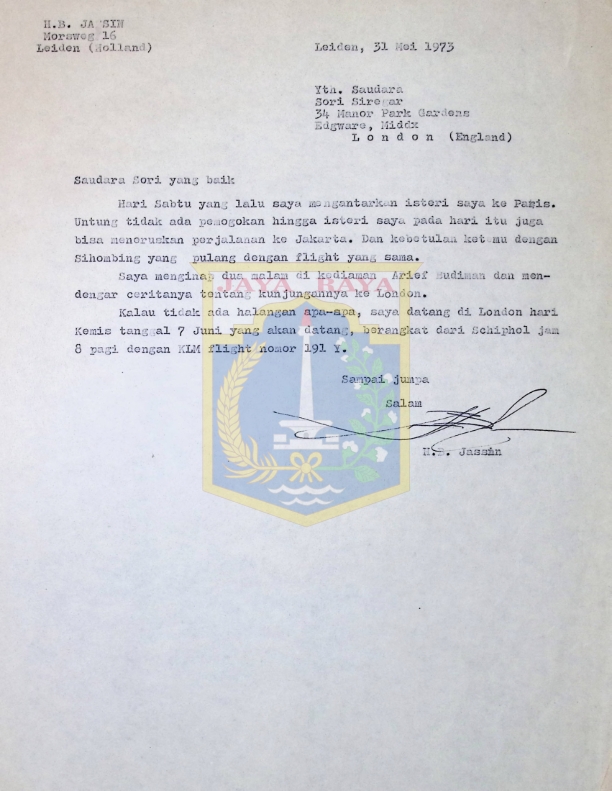 Surat dari H. B. Jassin untuk Sori Siregar (31 Mei 1973)