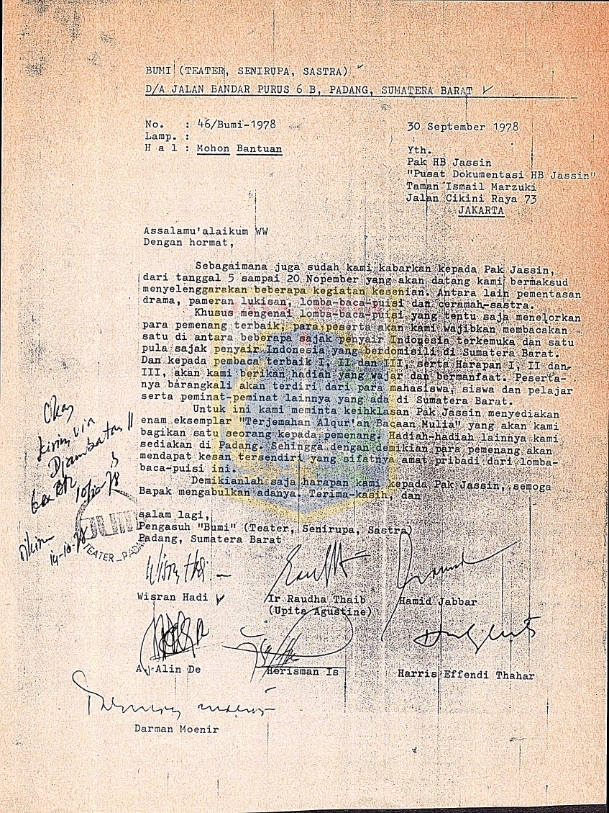 Surat Bumi (teater, senirupa, sastra) kepada H.B. Jassin (30 September 1978)