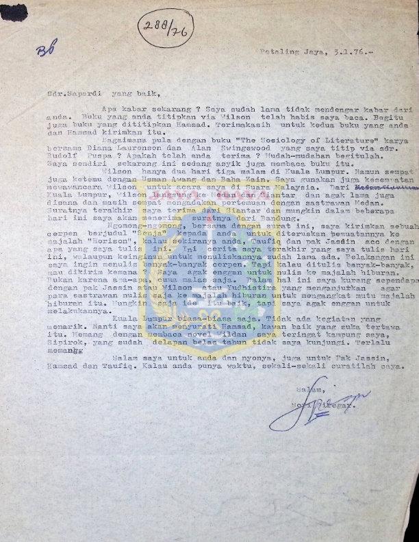 Surat dari Sori Siregar untuk Sapardi