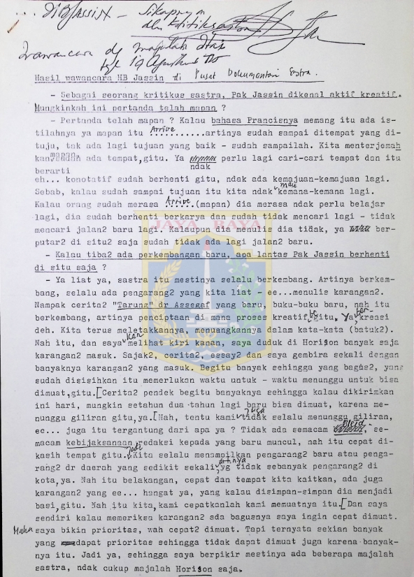 Hasil wawancara HB Jassin di Pusat Dokumentasi Sastra