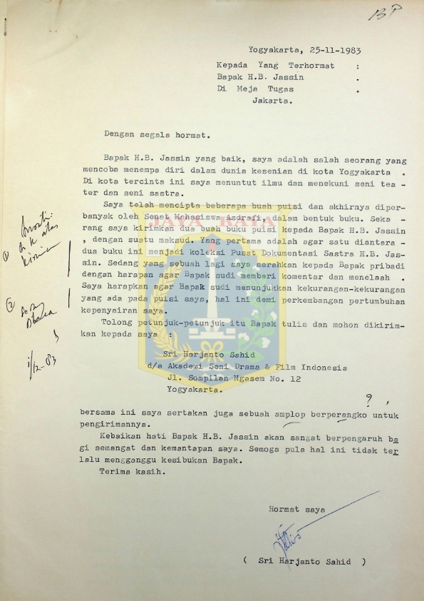 Surat dari Sri Harjanto Sahid untuk H. B. Jassin