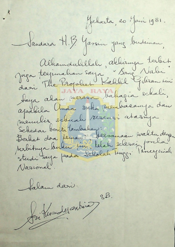Surat untuk H.B. Jassin tentang Terbitnya terjemahan Sang Nabi dari The Prophet Kahlil Gibran