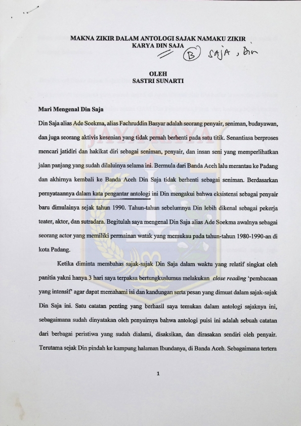 Makna zikir dalam antologi sajak namaku zikir karya Din Saja
