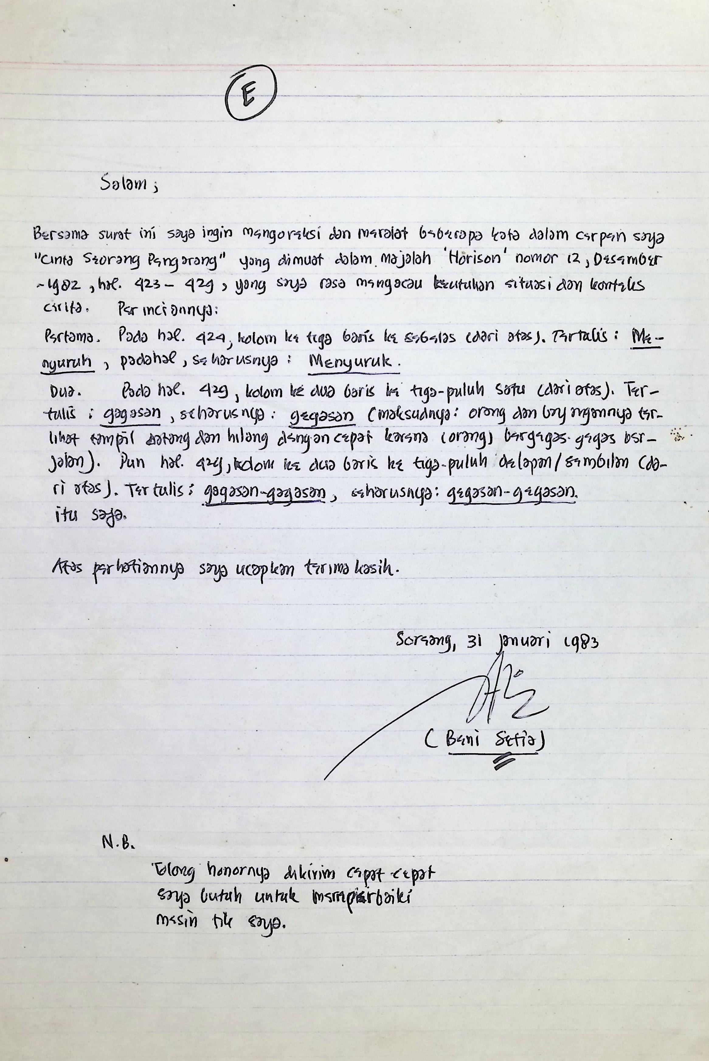 Surat mengenai cerpen seorang pengarang yang dimuat dalam majalah horison