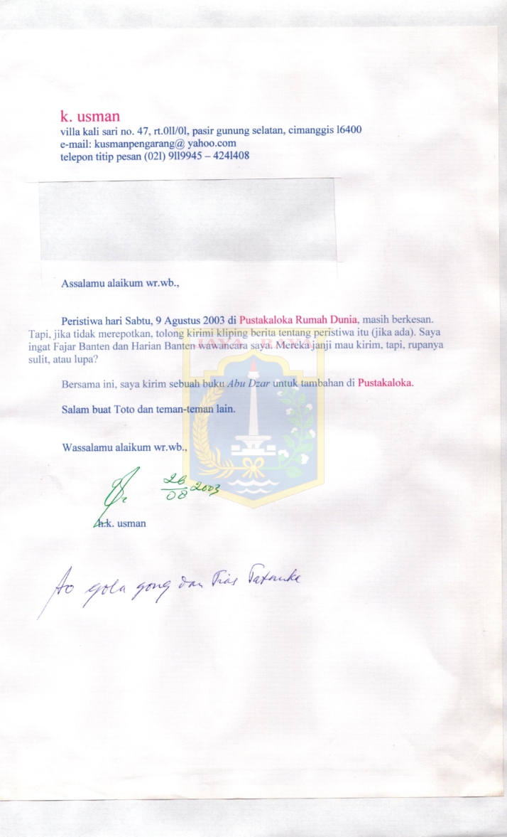 Surat dari K. Usman kepada Pustakaloka Rumah Dunia