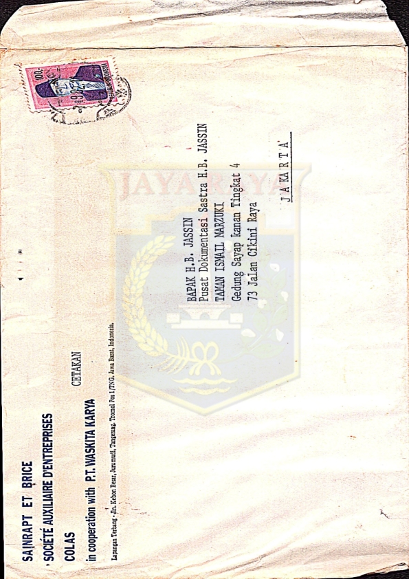 Surat moving on site Dini S :  Surat dari Societe Auxiliaire D'Enterproses Colas untuk H.B. Jassin