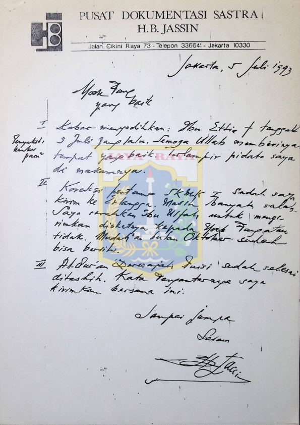 Kumpulan surat tulisan tangan H.B. Jassin (Jakarta, 5 Juli 1993)
