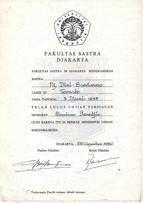 Surat pernyataan telah lulus ujian persiapan jurusan Sastra Perancis a.n. Dini Soedarmo