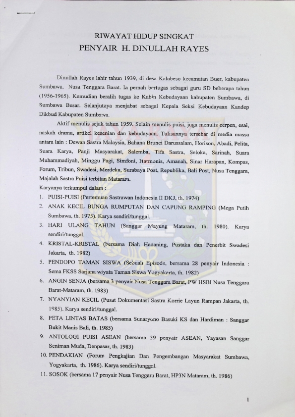 Riwayat hidup singkat penyair H. Dinullah Rayes