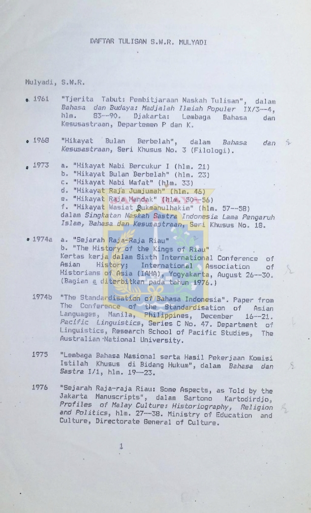 Daftar tulisan S.W.R. Mulyadi