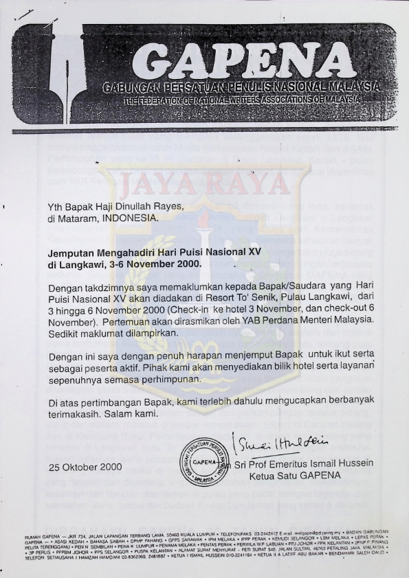 Surat dari GAPENA untuk Dinullah Rayes