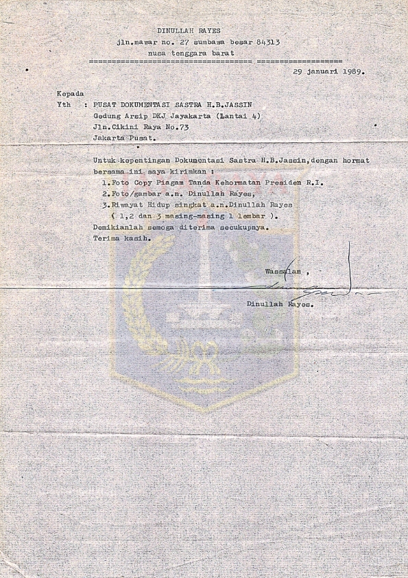 Surat dari Dinullah Rayes untuk H.B. Jassin (29 Januari 1989)