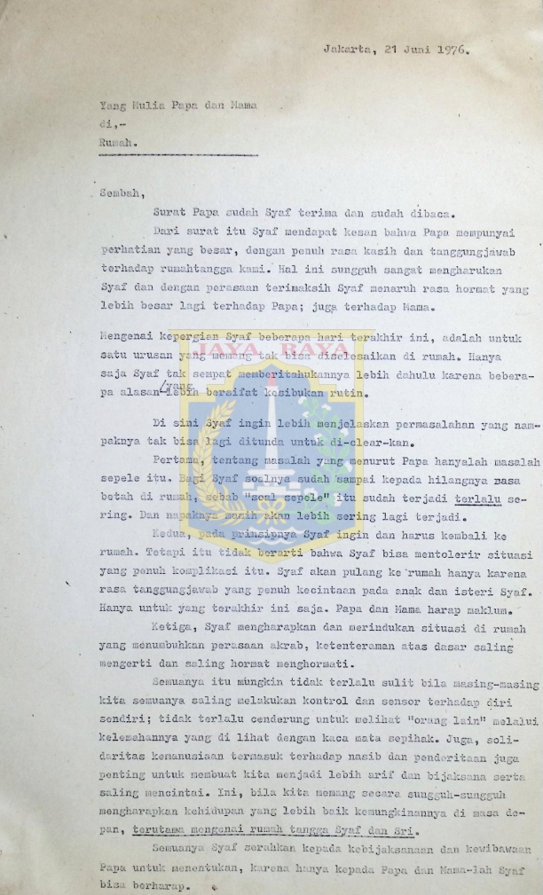 Surat untuk kedua orangtua Syafrial Arifin
