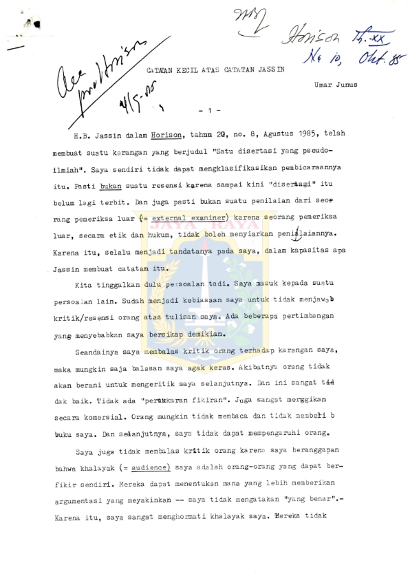 Draf naskah catatan kecil atas catatan Jassin