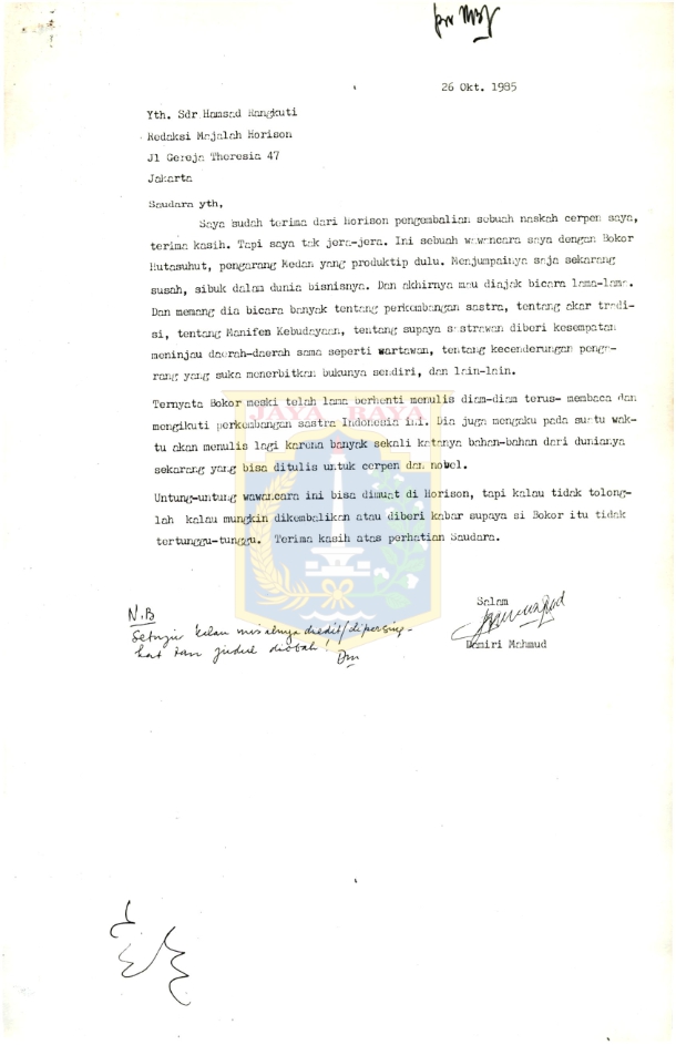 Surat untuk Hamsad Rangkuti, redaksi Majalah Horison dari Samiri Mahmud