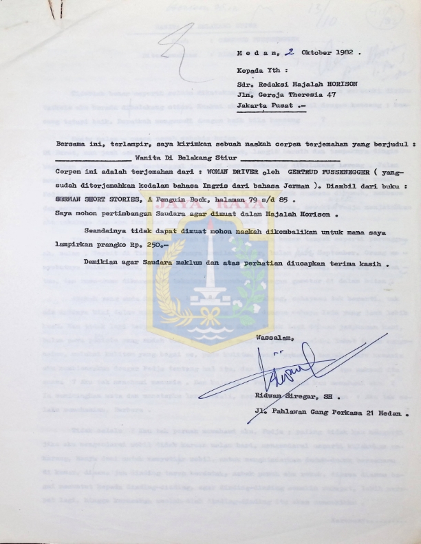 Surat Ridwan Siregar untuk Redaksi Majalah Horison (2 Oktober 1982)