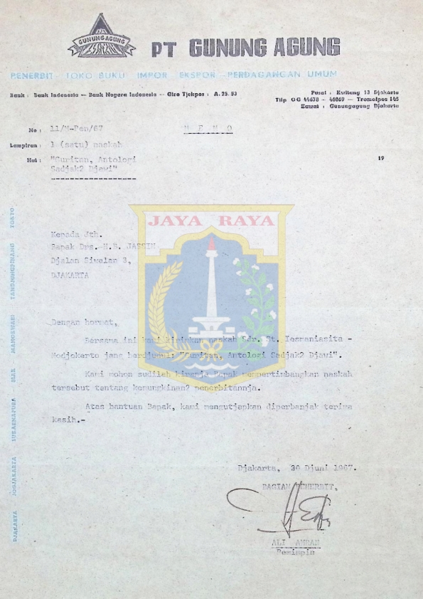 Surat untuk H.B. Jassin. Guritan : Antologi sajak-sajak Jawi Dihimpun