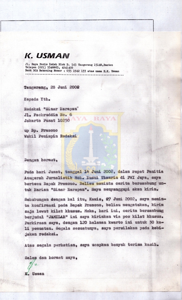 Surat dari K. Usman kepada Redaksi Sinar Harapan