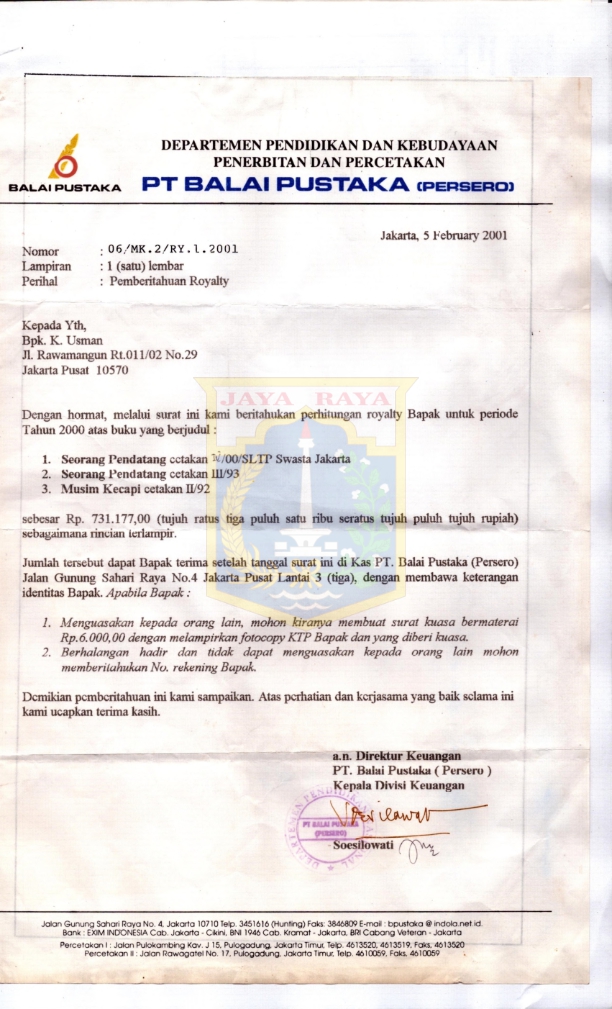 Surat pemberitahuan royalti dari PT Balai Pustaka (Persero) kepada K. Usman