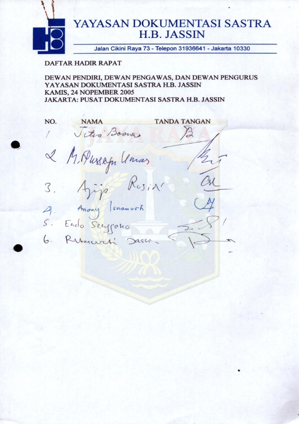Daftar hadir rapat dewan pendiri, dewan pengawas, dan dewan pengurus Yayasan Dokumentasi Sastra H.B. Jassin : Tahun 2004 dan 2005