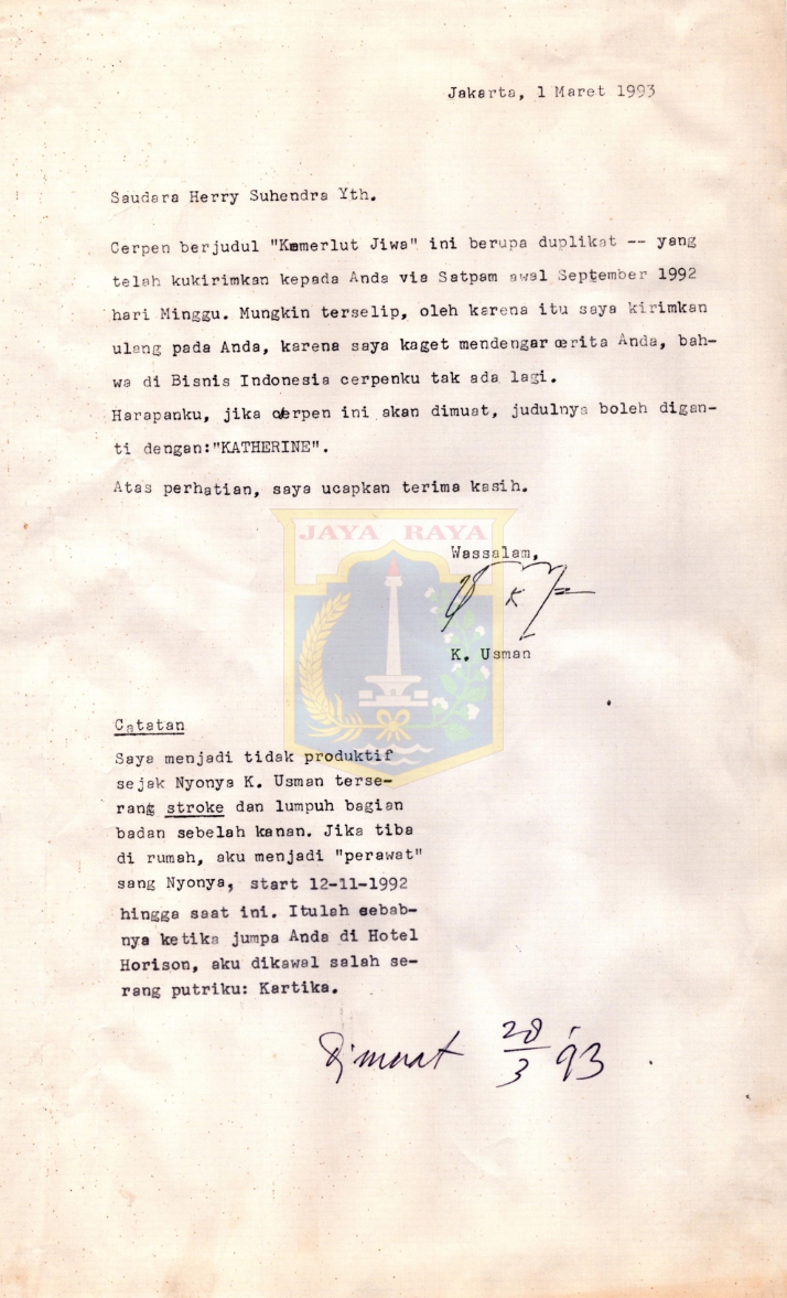 Surat dari K. Usman kepada Herry Suhendra
