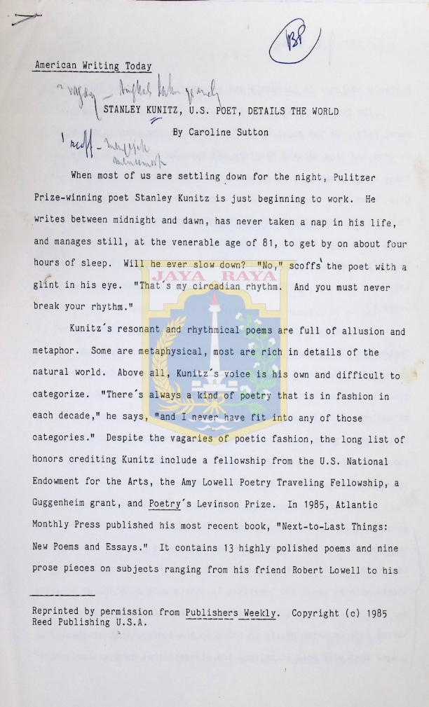 Stanley Kunitz, U.S. Poet, Details The World