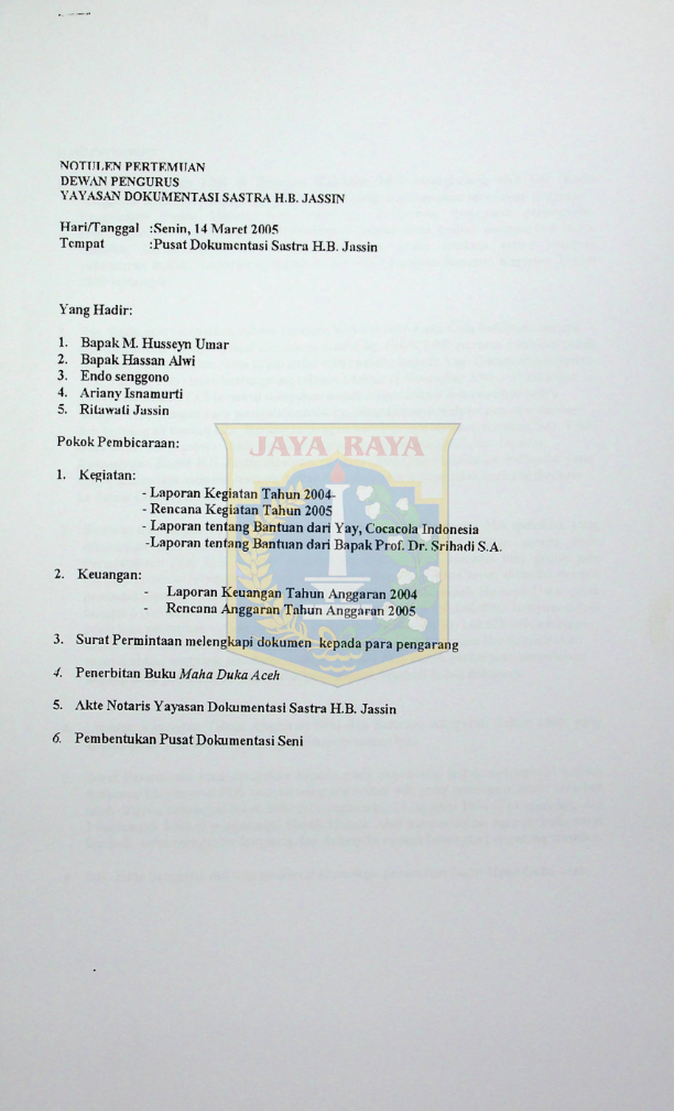 Notulen pertemuan dewan pengurus yayasan dokumentasi sastra H.B. Jassin
